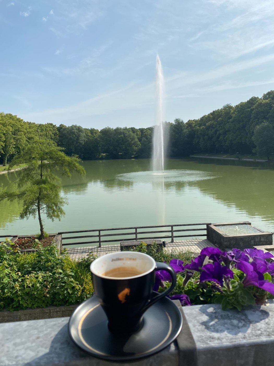 Eine Tasse Kaffee auf der Terrassenbrüstung, dahinter der Teich mit der Fontäne